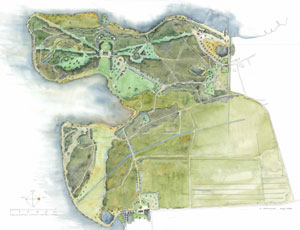 Akvarelleret plan af den romantiske landskabshave ved Næsseslottet