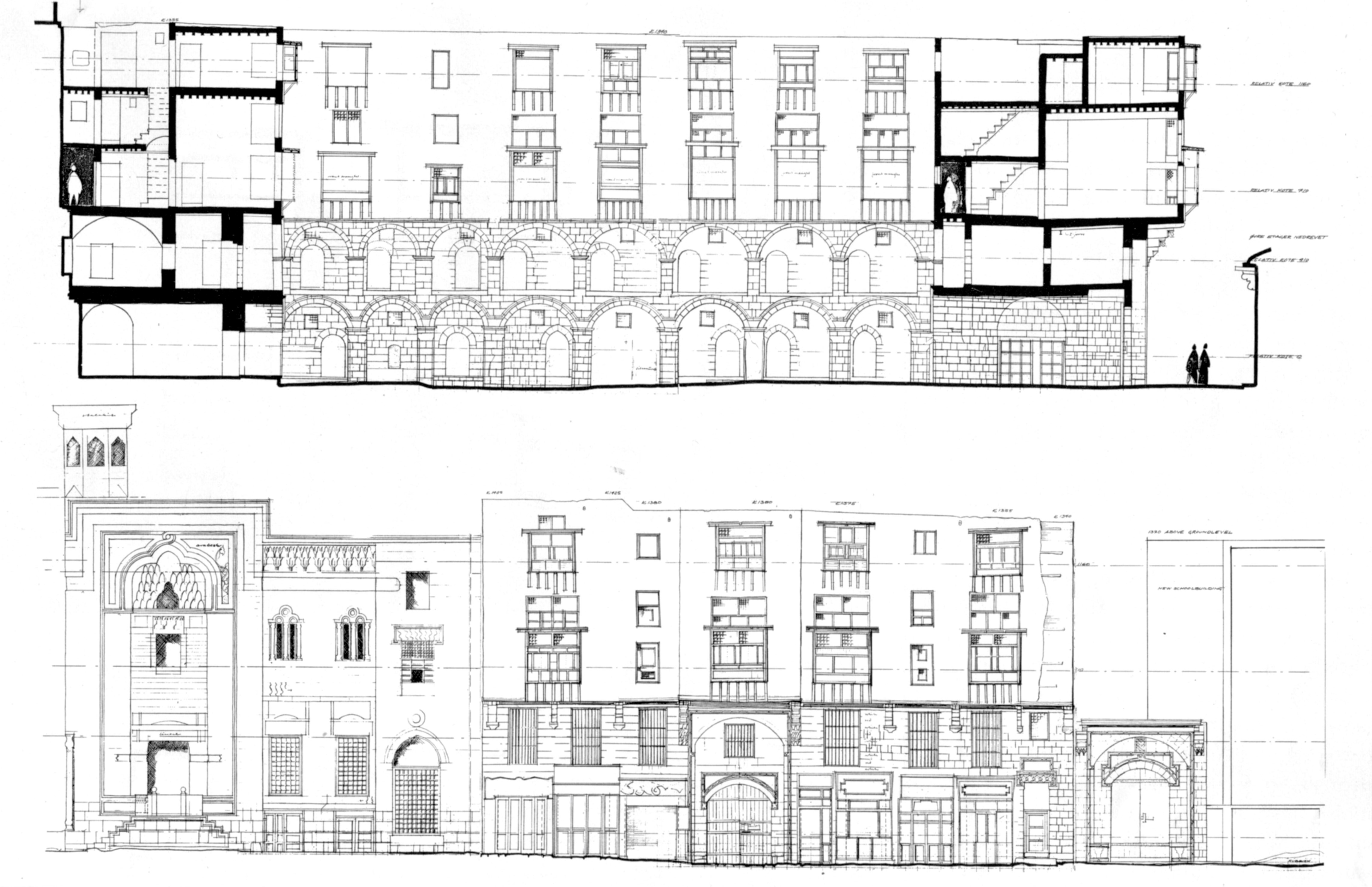 Section and elevation of the street facade, Wekala Bazar’a, Old Cairo