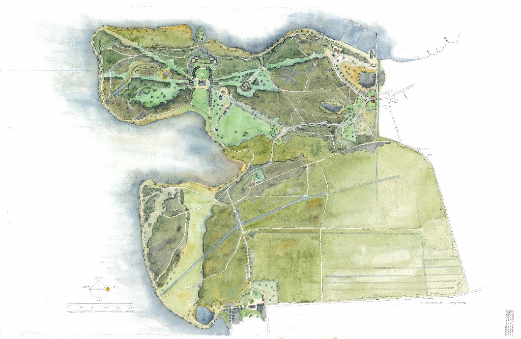 Plan af den romantiske landskabshave ved Næsseslottet — Holte, Danmark — 1996